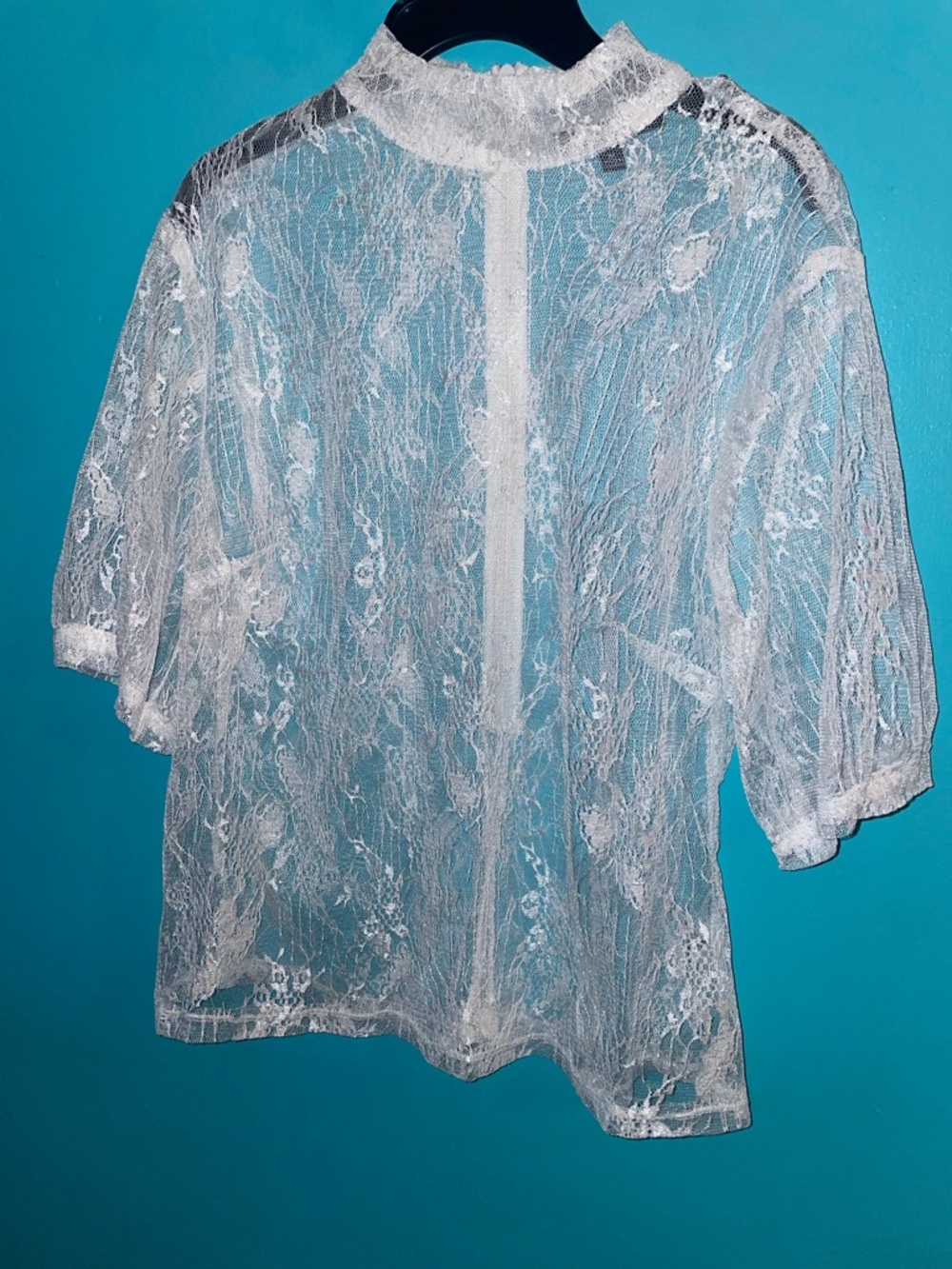 Mango White Sheer Lace High-Neck Blouse